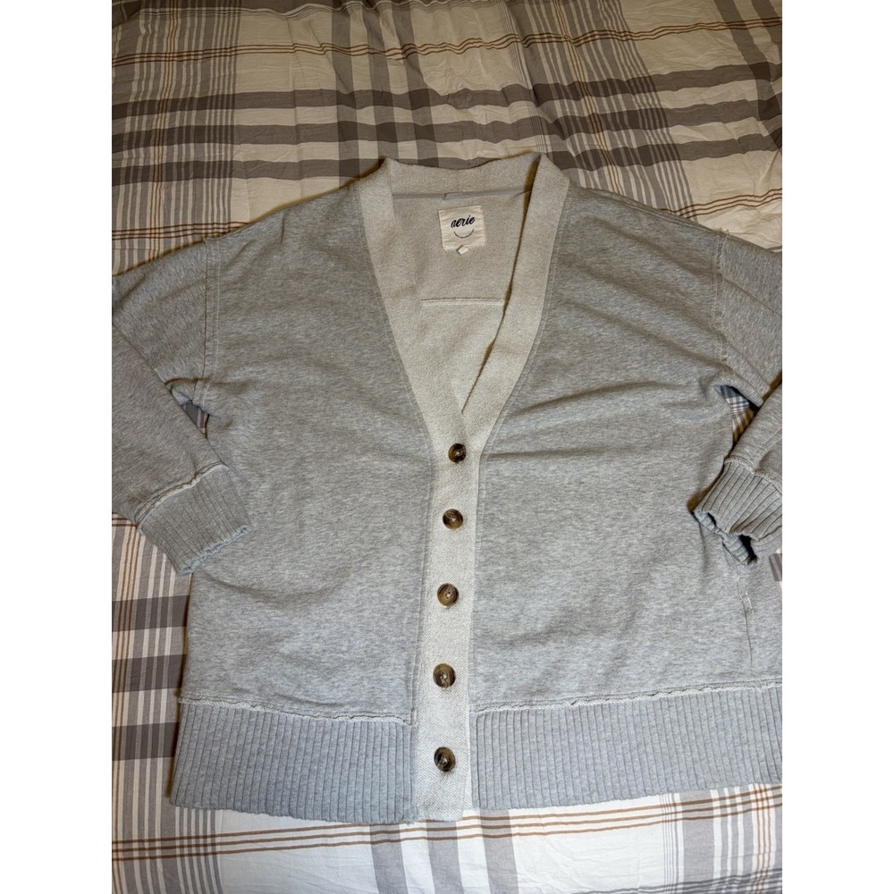 Aerie Boyfriend Button-Up Sweatshirt Cardigan~L~ Heather Gray Relaxed Loungewear - Picture 10 of 15